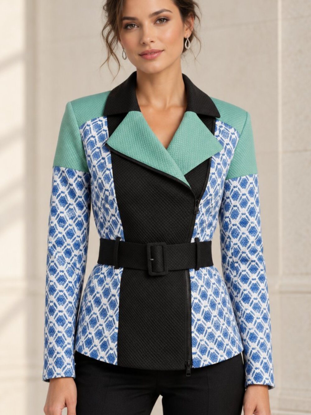 Peter Pilotto for Target M Belted Moto Blazer Blue Green Geometric Print